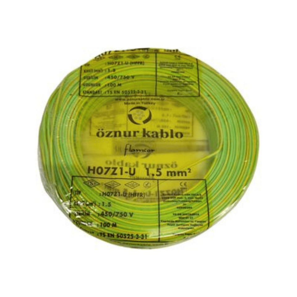 ÖZNUR KABLO ÖZNR/NYA/H.FREE/1,5/SARI/YEŞİL 1,5 mm NYA Halogen Free H07Z1-U Kablo - Sarı-Yeşil