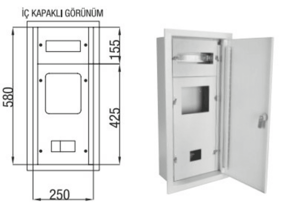 ÇETİNKAYA PANO ÇP 121 25x58x14 Metal 1 Adet Trifaze 7-8 Sig. Sıva Altı Sac Sayaç Ve Dağıtım Panosu