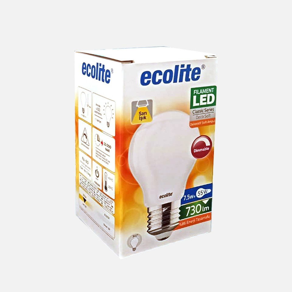 ECOLİTE A60.SOFT.7,5W27K.D 7,5W E27 A60 Led Ampül Dimlenebilir Soft Filament