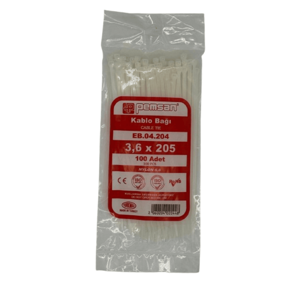 PEMSAN EB.04.204 Kablo Bağı Beyaz Renk 3,6x205mm (100 Adet)