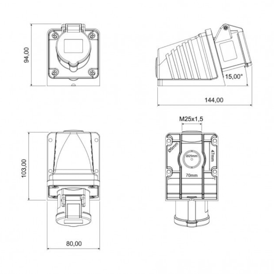 BEMİS BC1-1403-2535 3x16A 90° Eğik Duvar Prizi IP44